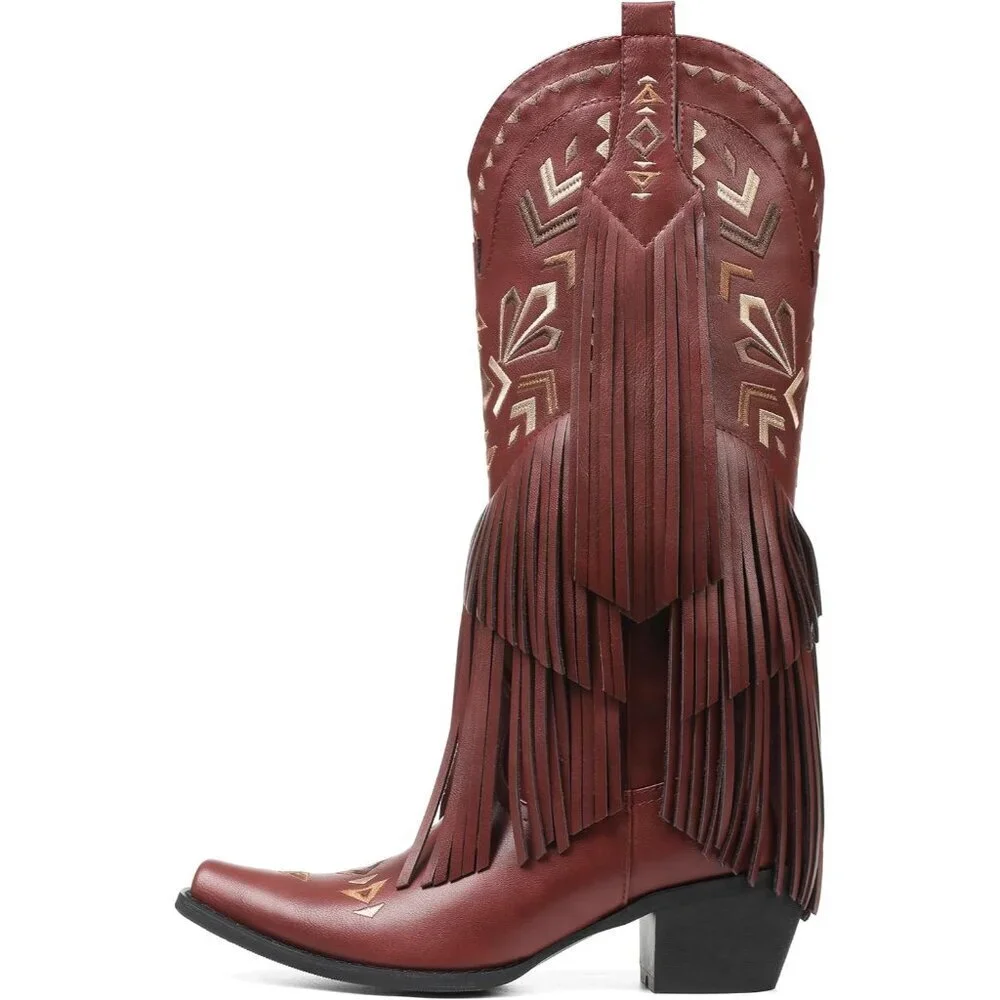 Women's Wine Red Cowgirl Boots Imported Polyester Knee High Pull-on Fringe Boots